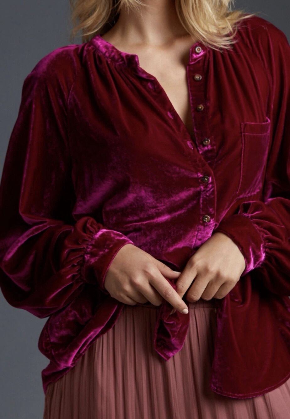 Anthropologie Pilcro Velvet Shirt Femme Plum Hot Pink Petite XS